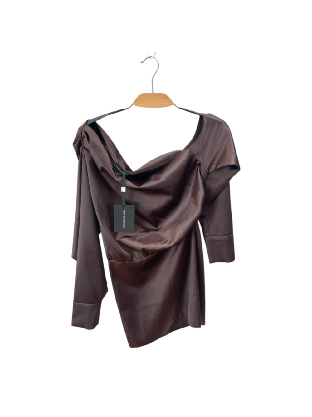NEW Manière De Voir Dark Chocolate Brown Off Shoulder Satin Dress Size 42/ US 10 - Picture 6 of 11